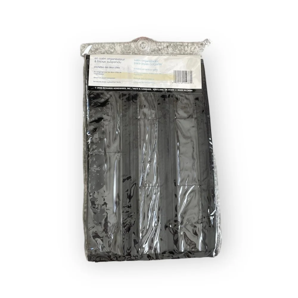 RICHARDS Black Satin Hanging Jewelry Organizer 37 Zippered Pockets Travel Storag
